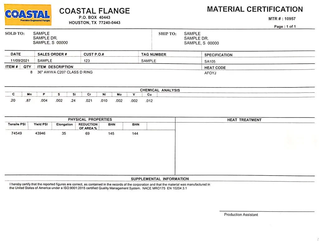 Example Material Test Report MTR