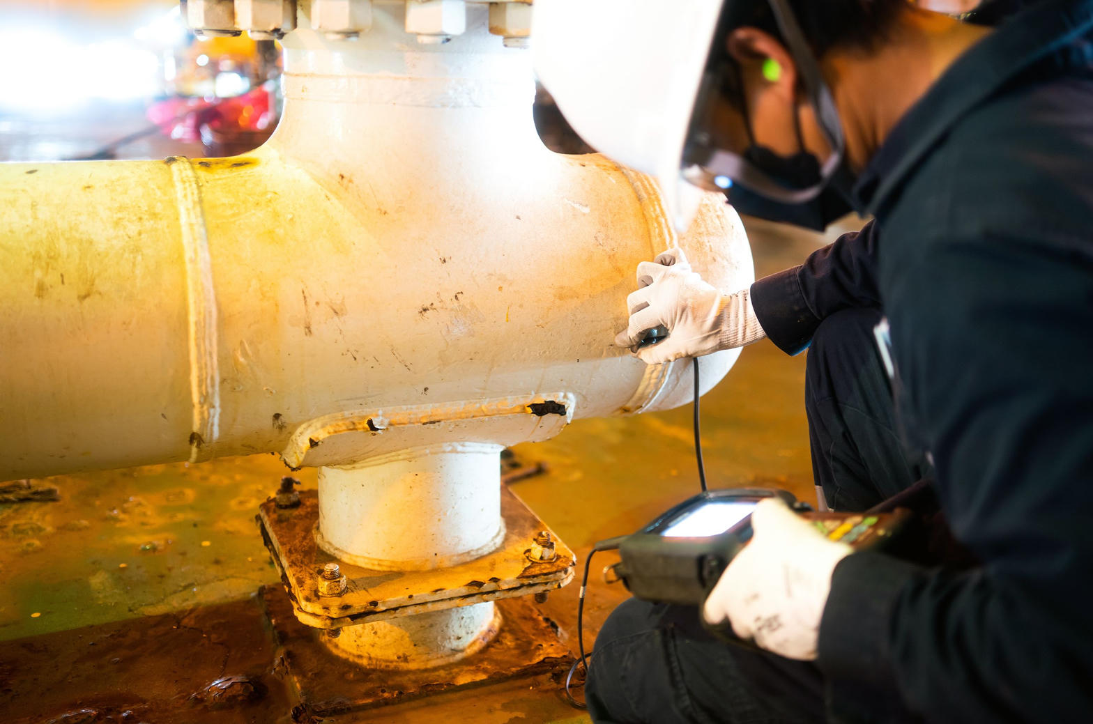 Ultrasonic thickness and corrosion assessment on piping.